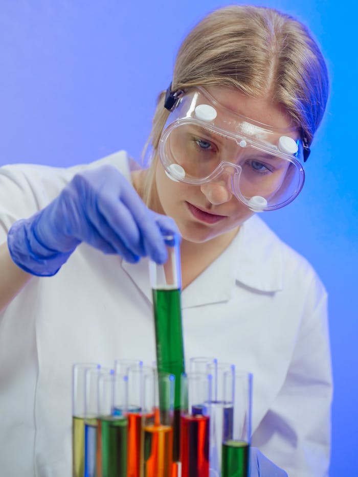 Young female scientist analyzing colorful liquids in a laboratory setting.