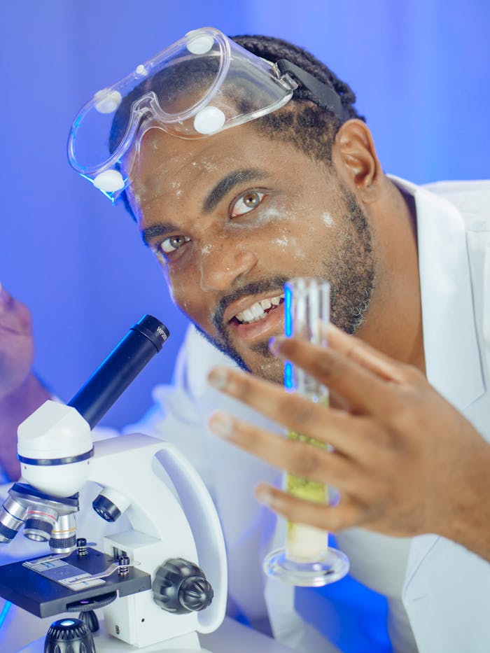 A scientist in a lab coat holding a graduated cylinder and smiling at the camera.