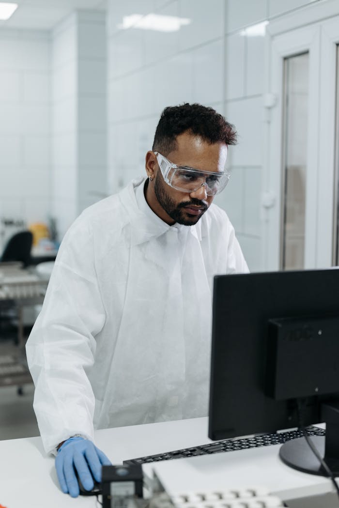 A scientist in goggles and lab coat using a computer in a modern laboratory.