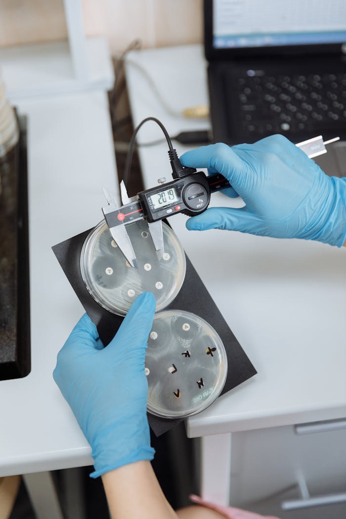 Scientist measures bacteria growth in Petri dishes using digital calipers.